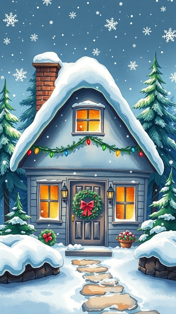 A charming Christmas house drawing with snow, lights, and festive decorations.